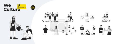 Illustration for Community cooperation black and white cartoon flat illustration bundle. Volunteer group multicultural 2D lineart characters isolated. Collaboration teamwork monochrome vector outline image collection - Royalty Free Image