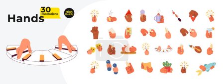Ilustración de Momentos cotidianos personaje de dibujos animados manos paquete de ilustración. Comer y beber imágenes vectoriales 2D aisladas sobre fondo blanco. Pasatiempos, ejercicios, práctica editable colección de colores clipart plana - Imagen libre de derechos