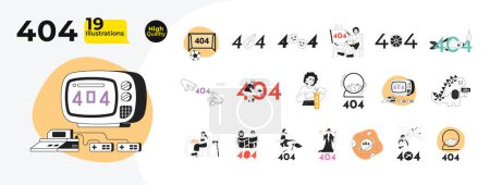 Illustration for Hobby leisure black and white 404 error isolated illustration bundle. Crafting, travel not found outline cartoon cliparts isolated. Halloween, cute animals linear empty state collection ui design - Royalty Free Image