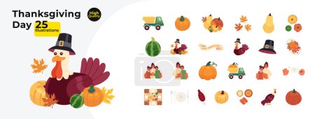 Illustration for Thanksgiving day cartoon flat illustration bundle. Pilgrim turkey bird, fall pumpkins 2D characters, objects isolated on white background. Hugging family, eating meals vector color image collection - Royalty Free Image