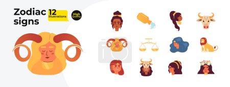 Ilustración de Astrología signos del zodiaco paquete de ilustración plana de dibujos animados. Arquetipos multiculturales, animales personajes 2D aislados sobre fondo blanco. Horóscopo símbolos vector color colección de imágenes - Imagen libre de derechos