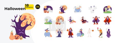 Illustration for Halloween traditional cartoon flat illustration bundle. Scary pumpkins, wicked witch, vampire male, zombie 2D characters isolated on white background. Graveyard tombstone vector color image collection - Royalty Free Image