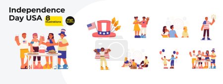 Illustration for Independence day celebration cartoon flat illustration bundle. Festive fireworks kids with parents, friends 2D characters isolated on white background. Snacks party vector color image collection - Royalty Free Image