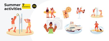 Illustration for Summer beach activities cartoon flat illustration bundle. Summertime diverse people 2D characters isolated on white background. Volleyball players, watersport leisure vector color image collection - Royalty Free Image