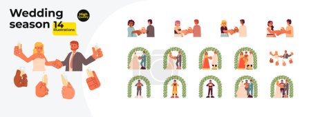 Illustration for Wedding season cartoon flat illustration bundle. Engagement, marriage proposal diverse 2D characters isolated on white background. Multinational bride and groom vector color image collection - Royalty Free Image