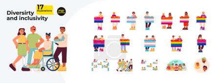 Illustration for LGBTQ inclusive diverse young adults cartoon flat illustration bundle. Diversity colleagues, LGBT pride 2D characters isolated on white background. People with disabilities vector color image pack - Royalty Free Image