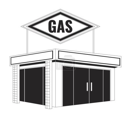 Illustration for Gas station convenience store black and white 2D line cartoon object. Petrol station shop isolated vector outline item. Refueling services, mini mart building monochromatic flat spot illustration - Royalty Free Image