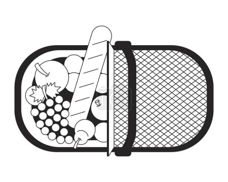 Ilustración de Vista superior cesta de picnic frutas baguette blanco y negro 2D línea de dibujos animados objeto. Snacks completos contenedor de mimbre elemento de contorno de vector aislado. Romántico comedor almacenamiento monocromático plano punto ilustración - Imagen libre de derechos