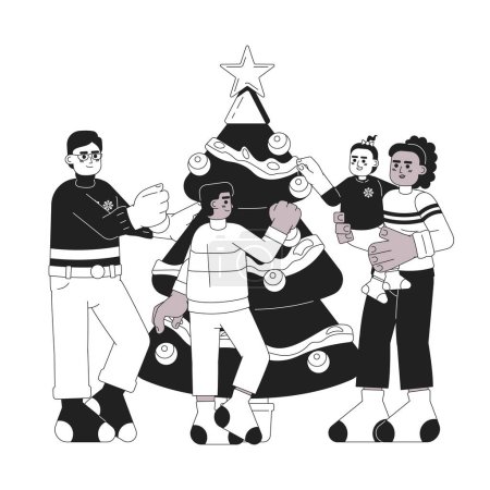 Illustration for Diverse family christmas tree decorating black and white cartoon flat illustration. Interracial family holiday linear 2D characters isolated. Hanging baubles xmas monochromatic scene vector image - Royalty Free Image
