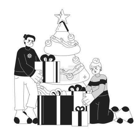 Illustration for Expectation Christmas day black and white cartoon flat illustration. Happy couple wrapping xmas presents linear 2D characters isolated. Wintertime new year tradition monochromatic scene vector image - Royalty Free Image