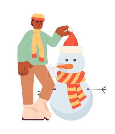 Téléchargez les illustrations : Afro-Américain mettant chapeau de Père Noël sur la tête de bonhomme de neige personnage de dessin animé 2D. Vêtements d'hiver noir gars isolé vecteur personne fond blanc. Festive tradition couleur plat spot illustration - en licence libre de droit