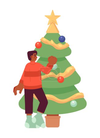 Illustration for African american boy decorating Xmas tree 2D cartoon character. Black male teen holding bauble isolated vector person white background. Hanging christmas decoration color flat spot illustration - Royalty Free Image