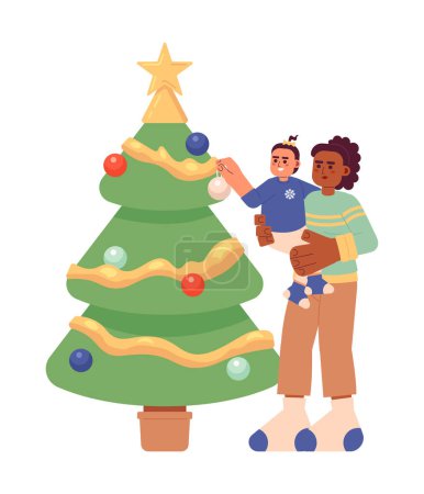 Illustration for Mother little girl decorating Christmas tree 2D cartoon characters. African american mom holding daughter isolated vector people white background. Celebrate xmas child color flat spot illustration - Royalty Free Image