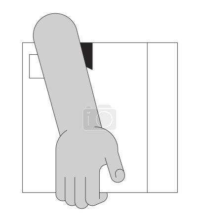 Illustration for African american hand holding parcel cartoon human hand outline illustration. Carrying cardboard box 2D isolated black and white vector image. Moving out activity flat monochromatic drawing clip art - Royalty Free Image