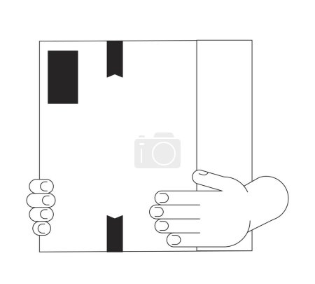 Illustration for Caucasian hands holding cardboard box cartoon human hands outline illustration. Carrying parcel delivery 2D isolated black and white vector image. Moving house flat monochromatic drawing clip art - Royalty Free Image