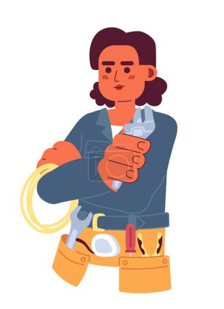 Illustration for Handy woman hispanic young adult 2D cartoon character. Latina handywoman isolated vector person white background. Female mechanic latinamerican with belt instruments color flat spot illustration - Royalty Free Image