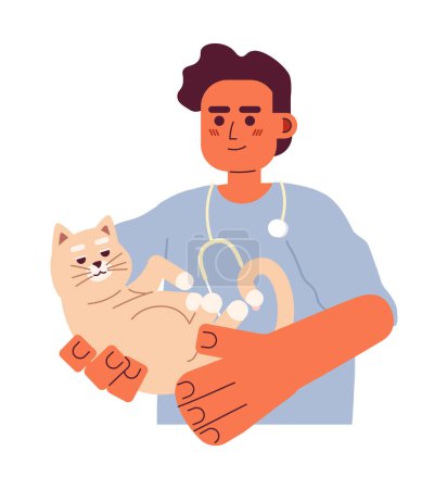 Illustration for Veterinarian male middle eastern 2D cartoon character. Arab vet man holding cat in hands isolated vector person white background. Professional specialist with pet color flat spot illustration - Royalty Free Image