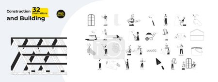 Illustration for Construction building renovation black and white cartoon flat illustration bundle. Diverse contractors working 2D lineart characters isolated. House builders monochrome vector outline image collection - Royalty Free Image