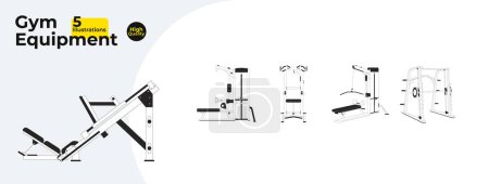 Illustration for Workout gym equipment black and white 2D line cartoon objects bundle. Seated cable row, pullup, power rack, leg press machines isolated vector outline items. Monochromatic flat spot illustration set - Royalty Free Image