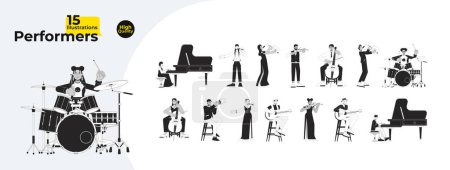 Ilustración de Músicos personas diversa caricatura en blanco y negro paquete de ilustración plana. Artistas musicales personajes lineales 2D aislados. Pianista, baterista, cantante monocromo vector contorno colección de imágenes - Imagen libre de derechos
