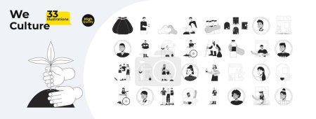 Illustration for Members community collaboration black and white cartoon flat illustration bundle. Help volunteers diverse 2D lineart characters isolated. Sustainable support monochrome vector outline image collection - Royalty Free Image