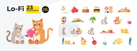 Illustration for Tea party childish cute animals cartoon flat illustration bundle. Rabbits, kittens drinking tea, picnic desserts 2D characters, objects isolated on white background. Vector color image collection - Royalty Free Image