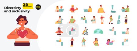 Illustration for Diversity inclusivity people cartoon flat illustration bundle. Diverse employee laptop 2D characters isolated on white background. Office workers disabilities vector color image collection - Royalty Free Image