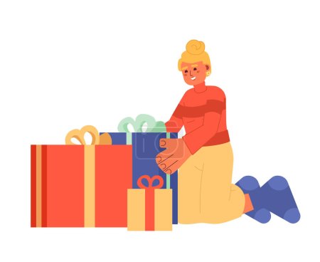 Illustration for Caucasian lady packing gifts for Christmas 2D cartoon character. European woman putting together giftboxes isolated vector person white background. Christmas tradition color flat spot illustration - Royalty Free Image