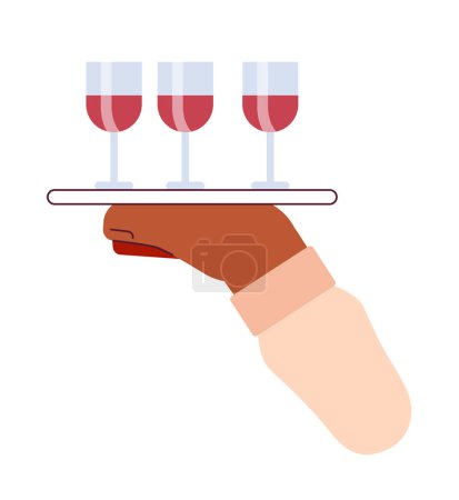 Téléchargez les illustrations : Plateau de verres à vin tenant dessin animé personnage illustration à la main. Boissons verres à vin image vectorielle 2D isolé sur fond blanc. Serveur gastronomique. Boissons servant modifiable couleur clipart plat - en licence libre de droit