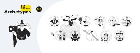 12 Archetypen in der Gesellschaft Schwarz-Weiß Cartoon flache Illustration Bündel. Archetypische 2D-Lineart-Zeichen isoliert. Angeborene Potenziale Diversität Menschen monochrome Vektorumrisse Bildsammlung