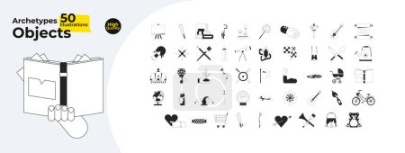 Illustration for Archetypal symbols black and white 2D line cartoon objects bundle. Fantasy roleplay isolated vector outline items collection. Imagination, hobby monochromatic flat spot illustration collection - Royalty Free Image