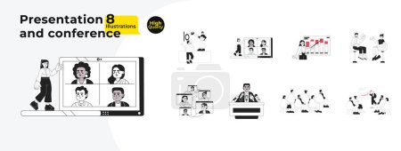 Illustration for Presentation conference black and white cartoon flat illustration bundle. Seminar training speaker audience linear 2D characters isolated. Diverse businesspeople monochromatic vector image collection - Royalty Free Image