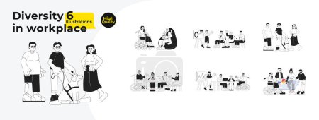 Illustration for Inclusion in workplace black and white cartoon flat illustration bundle. Diverse multiracial office workers linear 2D characters isolated. Coffee break, meeting monochromatic vector image collection - Royalty Free Image