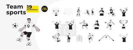 Illustration for Diverse sportsmen athletes black and white cartoon flat illustration bundle. Basketball, football, volleyball players linear 2D characters isolated. Competitive monochromatic vector image collection - Royalty Free Image
