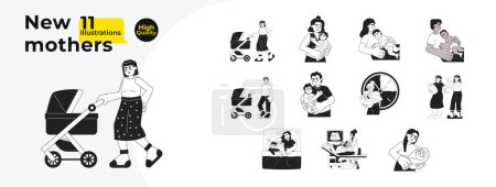 Illustration for Fatherhood motherhood black and white cartoon flat illustration bundle. Diverse mother infant, father baby linear 2D characters isolated. Newborn care, pregnancy monochromatic vector image collection - Royalty Free Image
