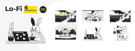 Ilustración de Kawaii lindo lofi blanco y negro fondos de pantalla paquete. Oso cupcake, panda durmiendo, campo de conejos, picnic fiesta 2D contorno personajes dibujos animados colección de ilustración plana. Línea vectorial lo fi fondos - Imagen libre de derechos