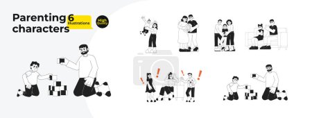 Illustration for Children parenting black and white cartoon flat illustration bundle. Multicultural family linear 2D characters isolated. Motherhood parenthood challenges monochromatic vector image collection - Royalty Free Image