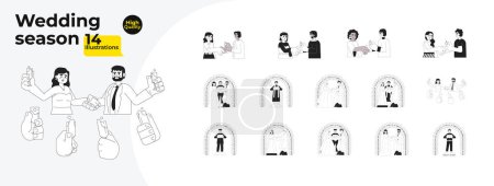 Illustration for Wedding season black and white cartoon flat illustration bundle. Engagement, marriage proposal diverse linear 2D characters isolated. Multinational bride groom monochromatic vector image collection - Royalty Free Image