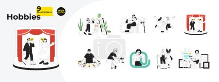 Illustration for Different hobbies black and white cartoon flat illustration bundle. Multiracial young adults hobbyists linear 2D characters isolated. Theater, planting, dancing monochromatic vector image collection - Royalty Free Image