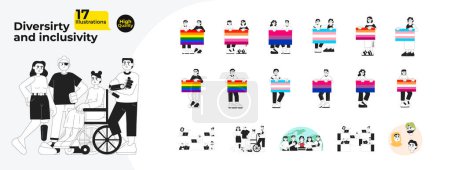 Ilustración de LGBTQ incluye diverso paquete de ilustración plana de dibujos animados en blanco y negro para adultos. Compañeros de diversidad, personajes 2D lineales del orgullo LGBT aislados. Pack de imágenes vectoriales monocromáticas para personas con discapacidad - Imagen libre de derechos