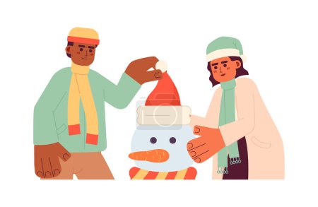 Illustration for Winter clothes friends making snowman 2D cartoon characters. Interracial couple having fun together isolated vector people white background. Leisure activity wintertime color flat spot illustration - Royalty Free Image