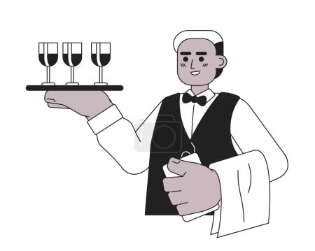 Illustration for Wine steward african american male black and white 2D cartoon character. Sommelier man black isolated vector outline person. Wineglasses tray holding bartender monochromatic flat spot illustration - Royalty Free Image