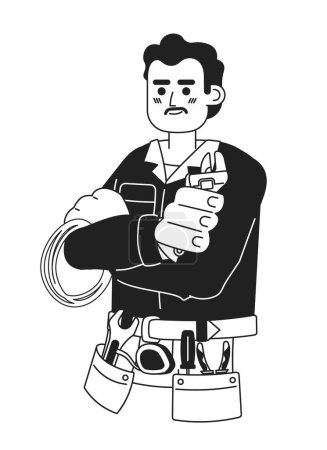 Ilustración de Handyman mexicano medio adulto negro y blanco 2D personaje de dibujos animados. Latin mustache reparador aislado vector contorno persona. Llave de sujeción tipo bigote con herramientas monocromático plano punto ilustración - Imagen libre de derechos