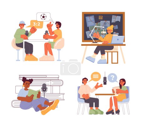 Illustration for Blogging podcasts cartoon flat illustration set. Multicultural podcasters with microphones 2D characters isolated on white background. Live streaming event scene vector color image collection - Royalty Free Image