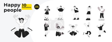 Illustration for Excited people multicultural black and white cartoon flat illustration bundle. Holding hands high up linear 2D characters isolated. Joyful smiling. Having fun monochromatic vector image collection - Royalty Free Image