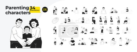 Illustration for Parents children multicultural family black and white cartoon flat illustration bundle. Diverse kids adults linear 2D characters isolated. Infants, toddlers monochromatic vector image collection - Royalty Free Image