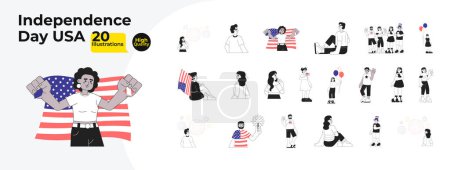 Illustration for 4th of july celebration black and white cartoon flat illustration bundle. Cheerful diverse people holding american flags linear 2D characters isolated. Patriotic monochromatic vector image collection - Royalty Free Image
