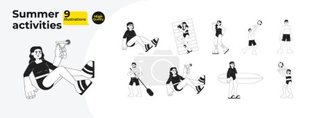 Illustration for Summertime people diversity black and white cartoon flat illustration bundle. Swimwear beach multiracial young adult linear 2D characters isolated. Summer holiday monochromatic vector image collection - Royalty Free Image