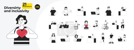 Illustration for Diversity inclusivity people black and white cartoon flat illustration bundle. Diverse employee laptop linear 2D characters isolated. Office workers disabilities monochromatic vector image collection - Royalty Free Image