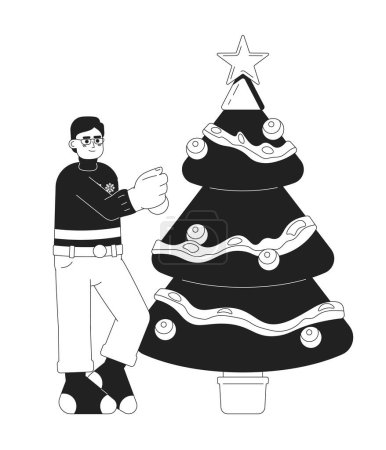 Illustration for Eyeglasses asian man decorating Christmas tree black and white 2D cartoon character. Japanese guy hanging bauble on spruce isolated vector outline person. Xmas monochromatic flat spot illustration - Royalty Free Image